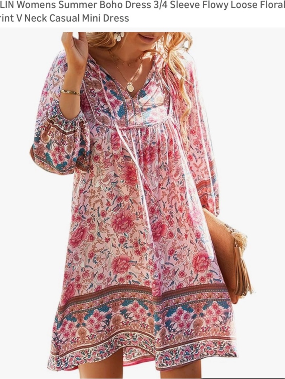 Boho Floral V-Neck Mini Dress in Pink